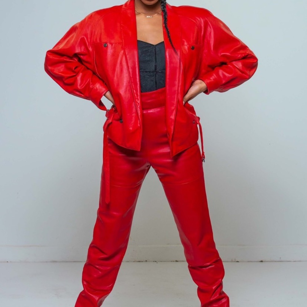 Red Genuine Leather Pant Suit -Thriller